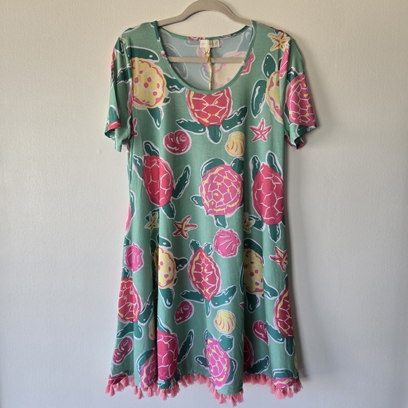 Simply Southern Topsail Turtle Print Tassle Trim Stretch Tunic Dress Size Medium - Picture 1 of 15